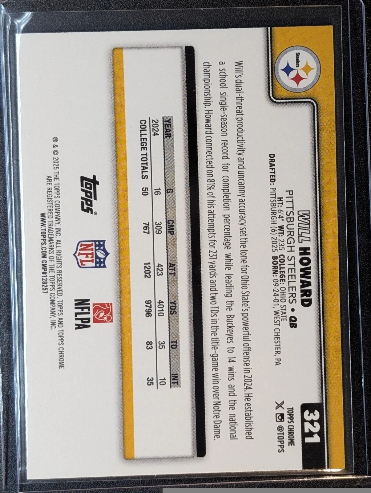 Back of 2025 Topps Chrome #321 Will Howard