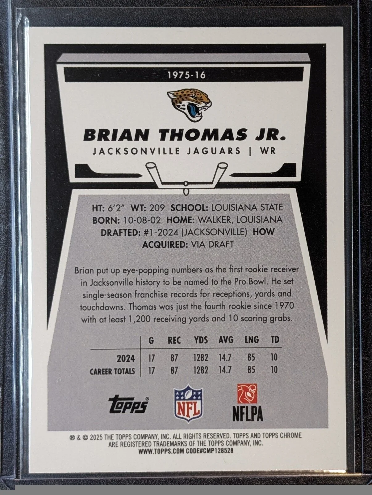 Back of 2025 Topps Chrome #1975-16 Brian Thomas Jr 2025 Topps Chrome Football