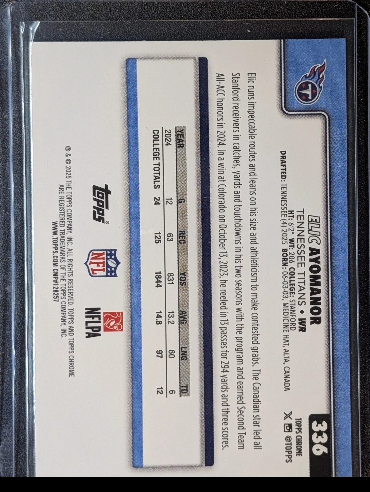 Back of 2025 Topps Chrome #336 Elic Ayomanor RC