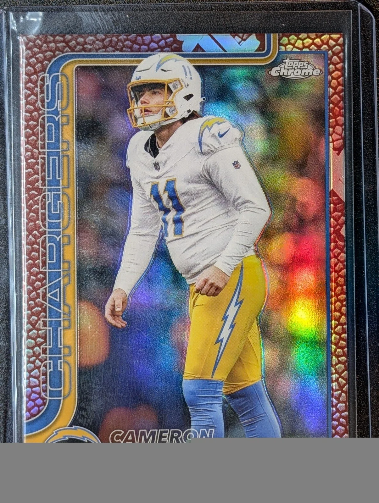 Front of 2025 Topps Chrome #162 Cameron Dicker Football Leather Refractor