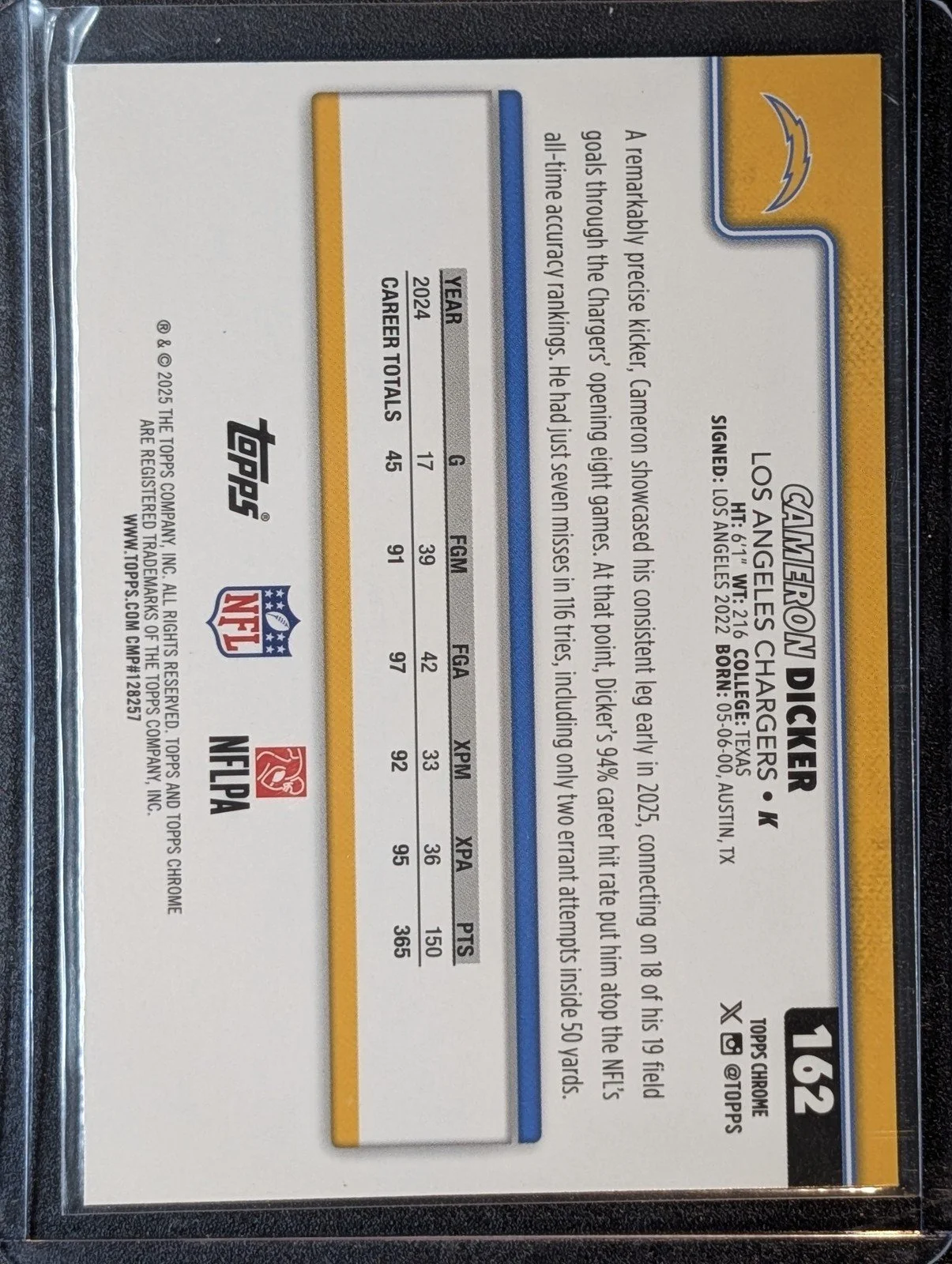Back of 2025 Topps Chrome #162 Cameron Dicker Football Leather Refractor