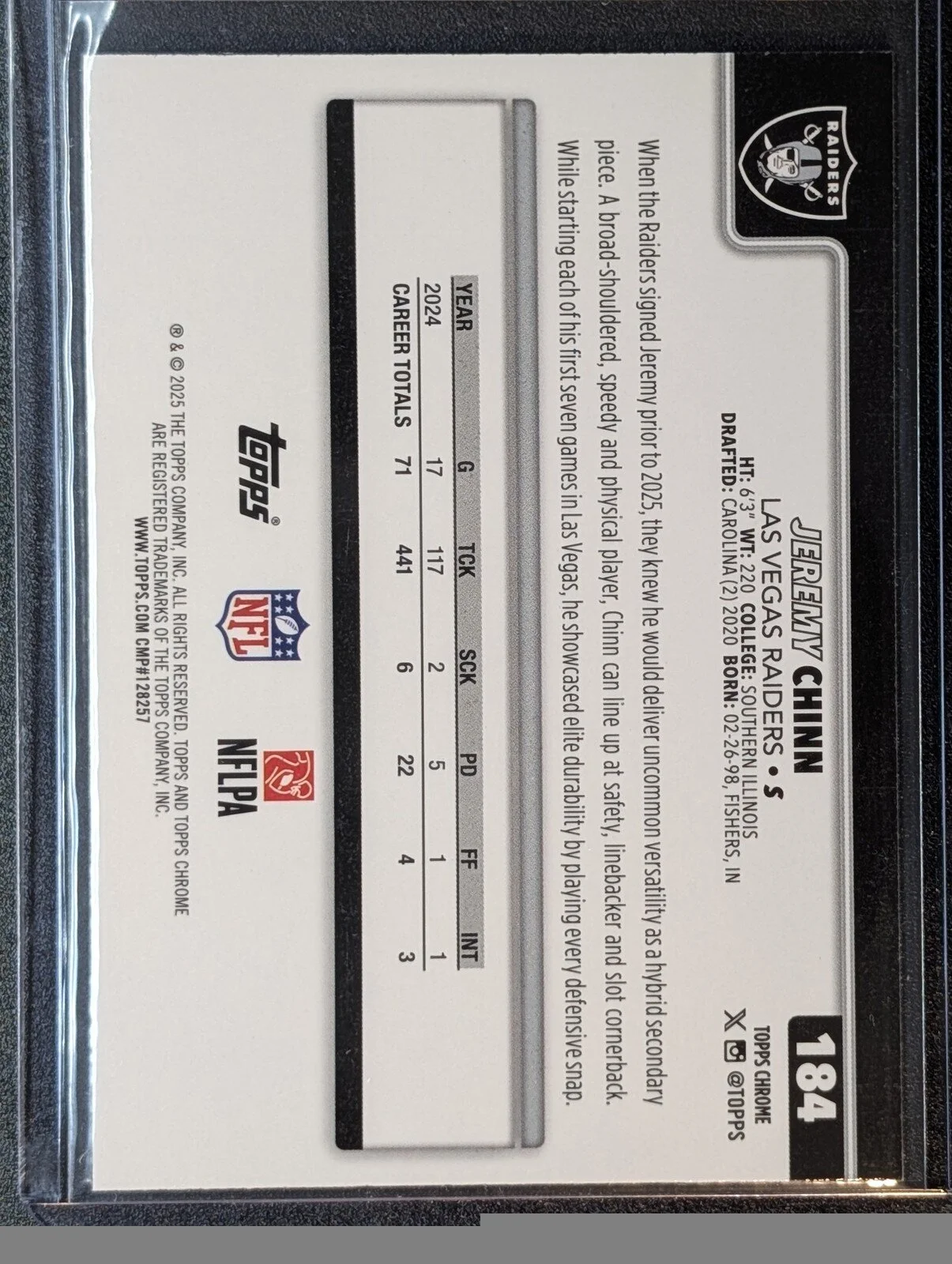 Back of 2025 Topps Chrome #184 Jeremy Chinn X-Fractor