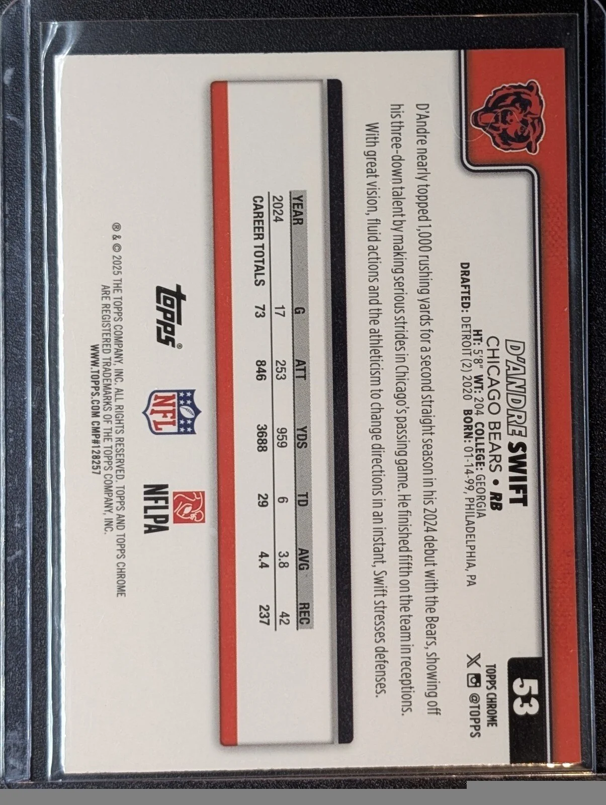 Back of 2025 Topps Chrome #53 D'Andre Swift X-Fractor