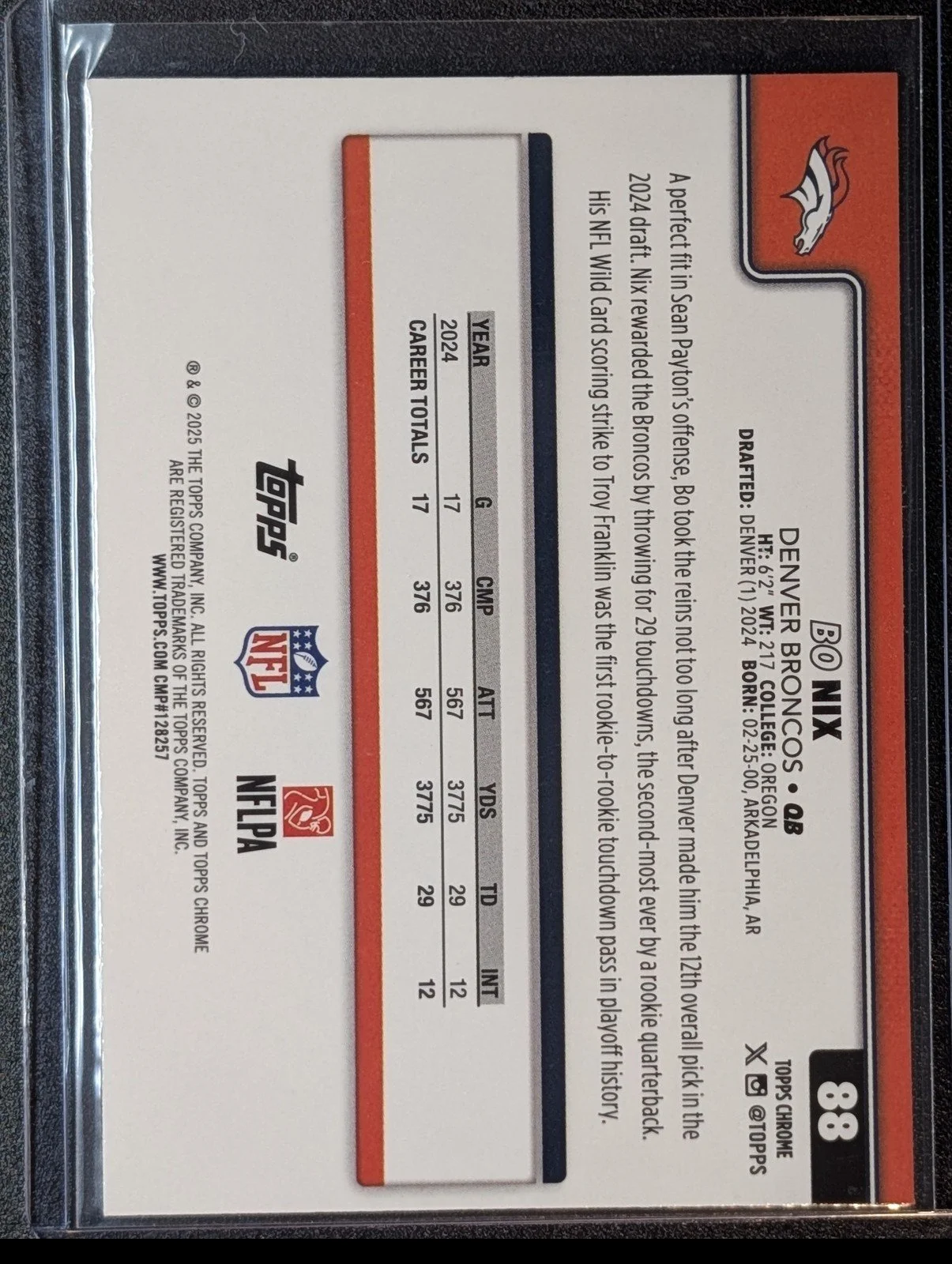 Back of 2025 Topps Chrome #88 Bo Nix Hot Pink X-Fractor