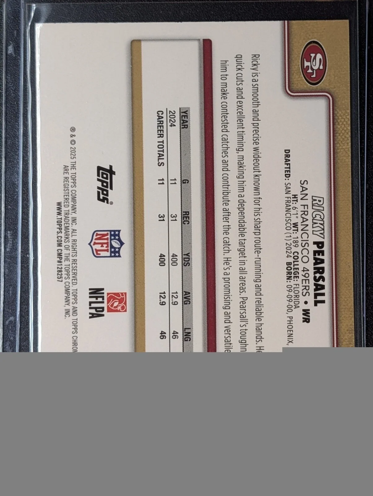 Back of 2025 Topps Chrome #261 Ricky Pearsall X-Fractor