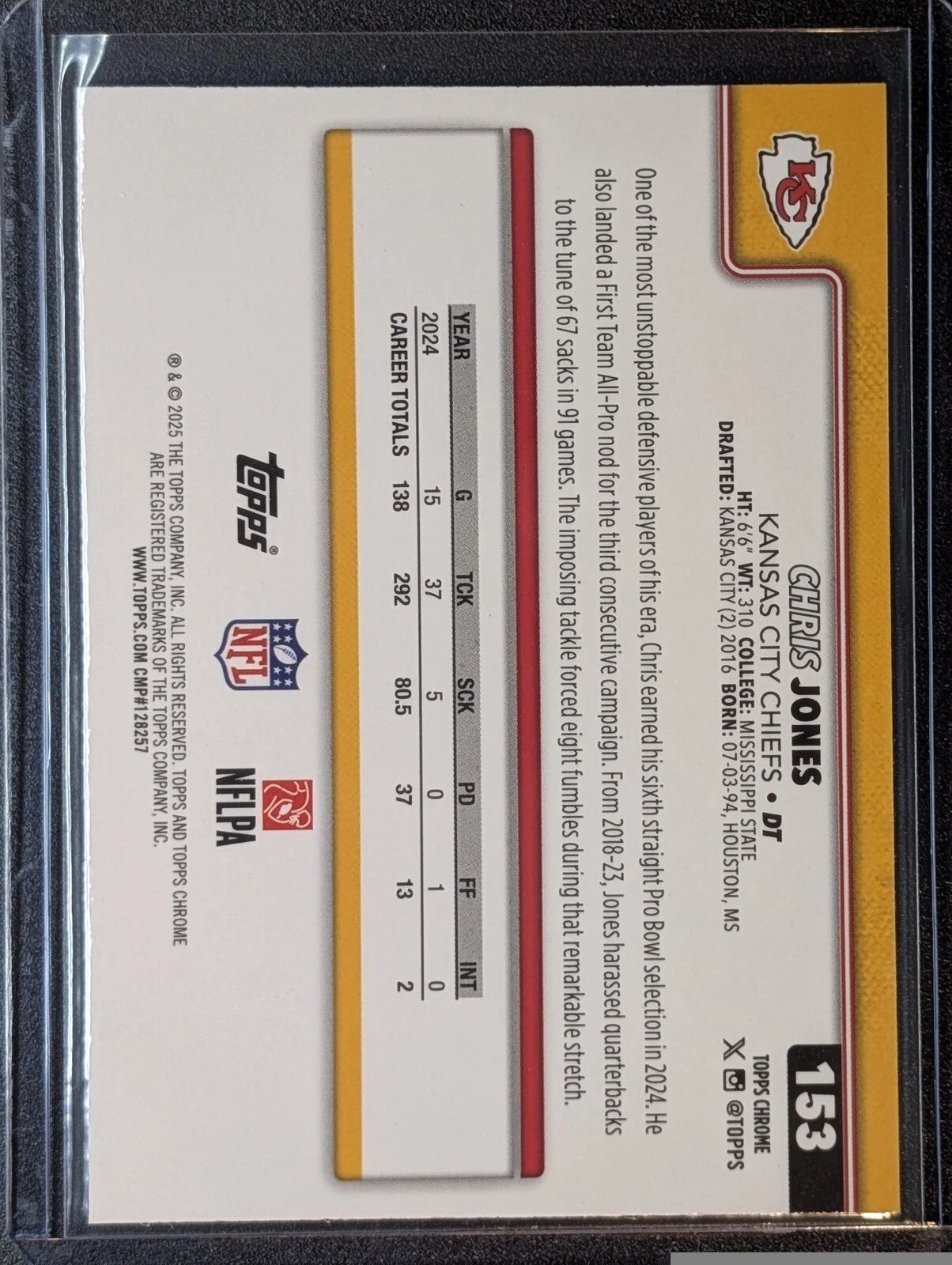 Back of 2025 Topps Chrome #153 Chris Jones X-Fractor