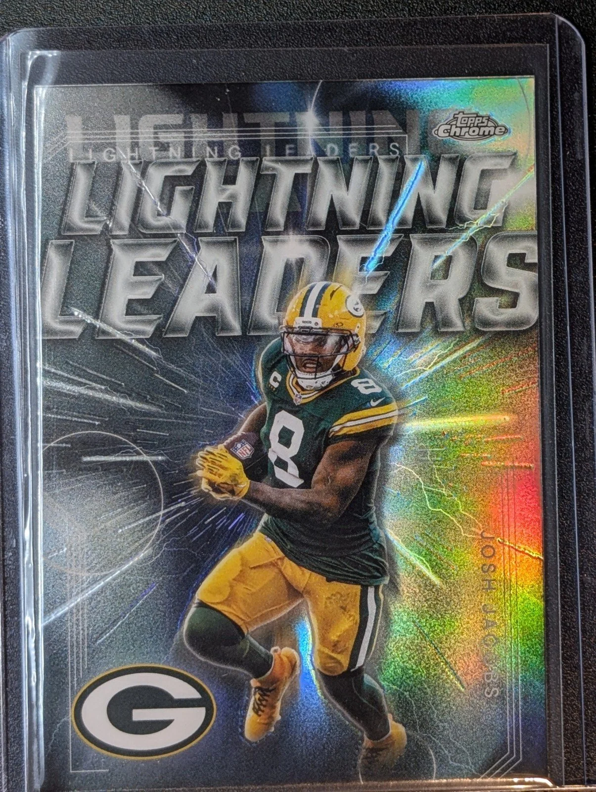 Front of 2025 Topps Chrome #LL-20 Josh Jacobs Lightning Leaders