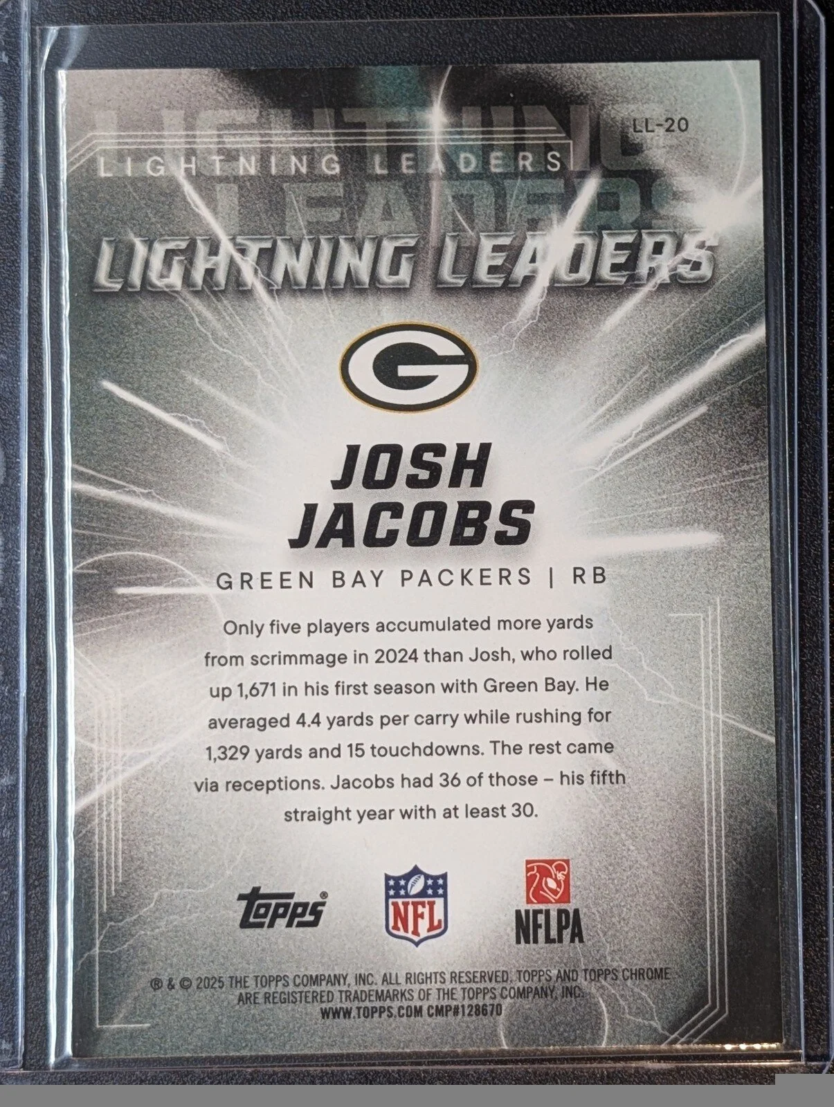 Back of 2025 Topps Chrome #LL-20 Josh Jacobs Lightning Leaders