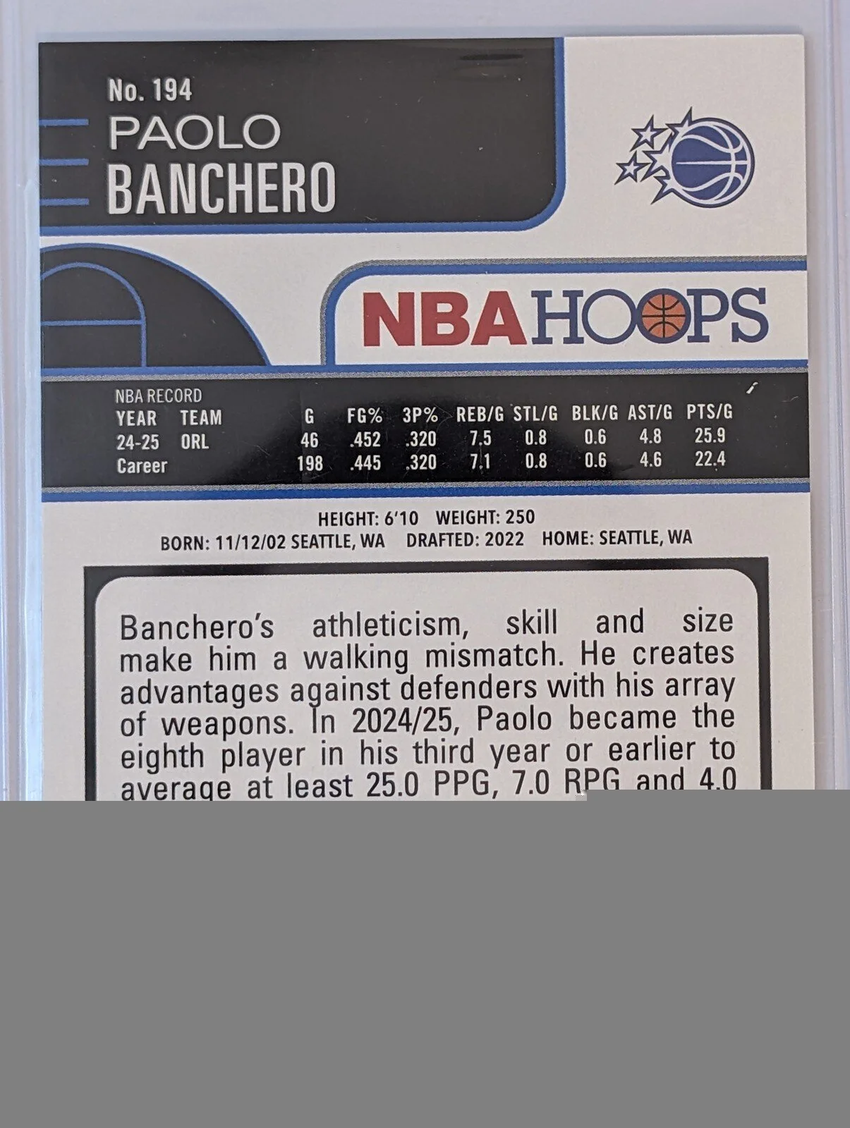 Back of 2025-26 Hoops #194 Paolo Banchero Light Burst