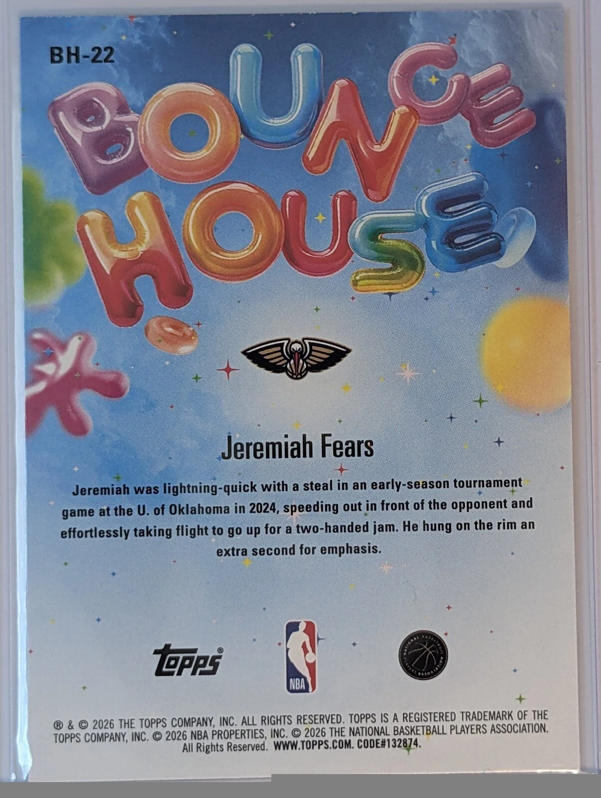 Back of 2025-26 Hoops #BH-22 Jeremiah Fears Bounce House RC