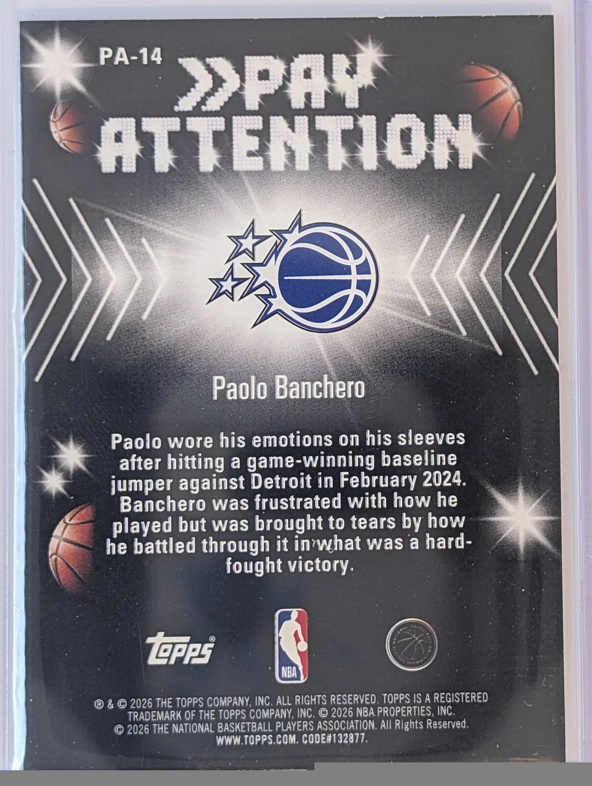 Back of 2025-26 Hoops #PA-14 Paolo Banchero Pay Attention Pixel Burst
