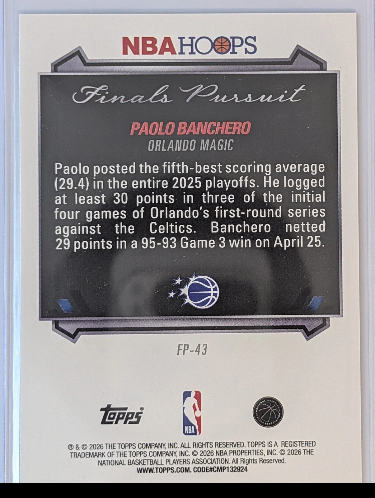 Back of 2025-26 Hoops #FP-43 Paolo Banchero Finals Pursuit First Round
