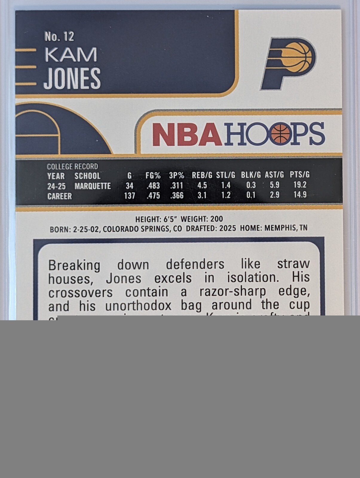 Back of 2025-26 Hoops #12 Kam Jones