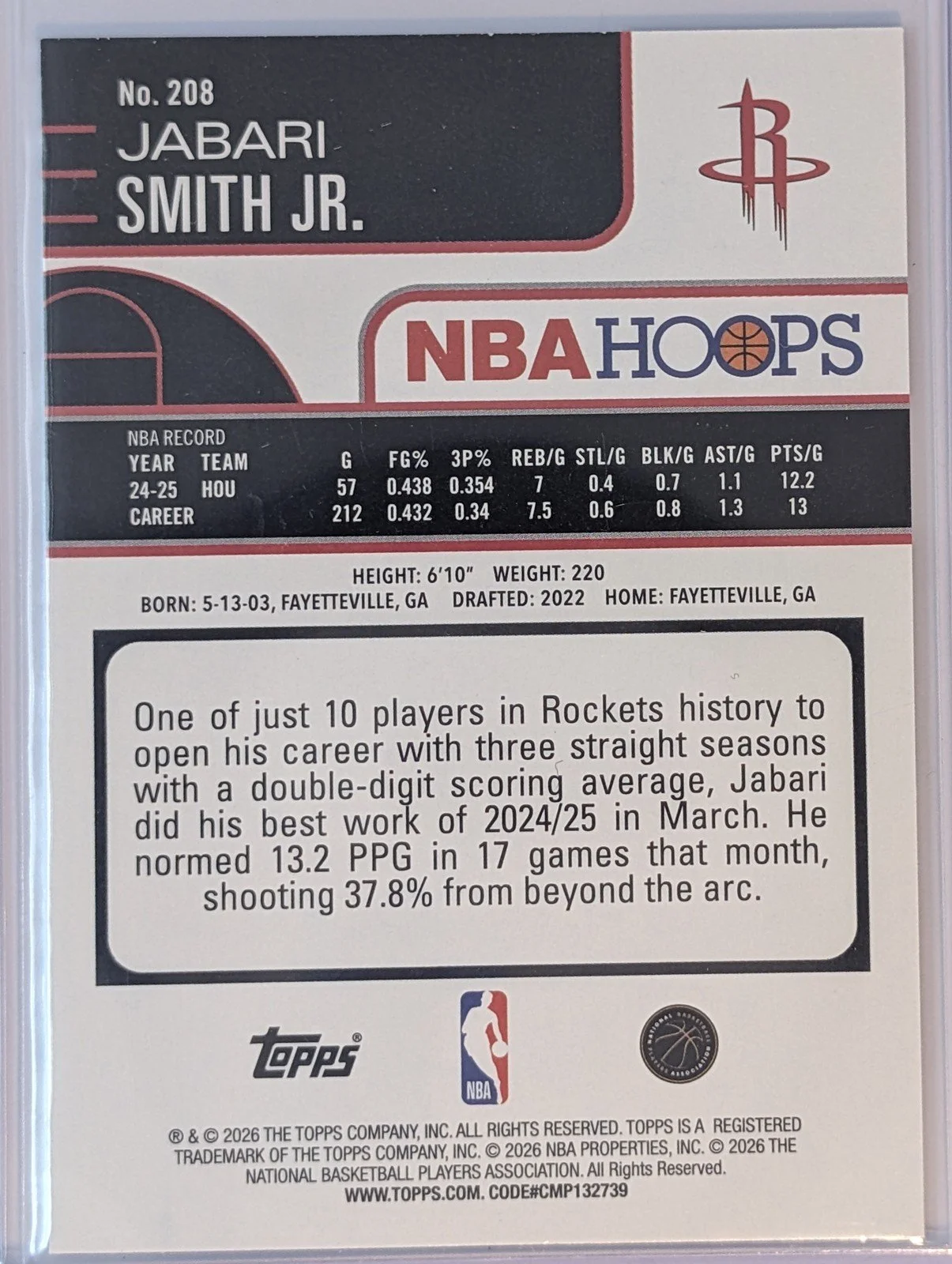 Back of 2025-26 Hoops #208 Jabari Smith Jr. Light Burst Blue #/149