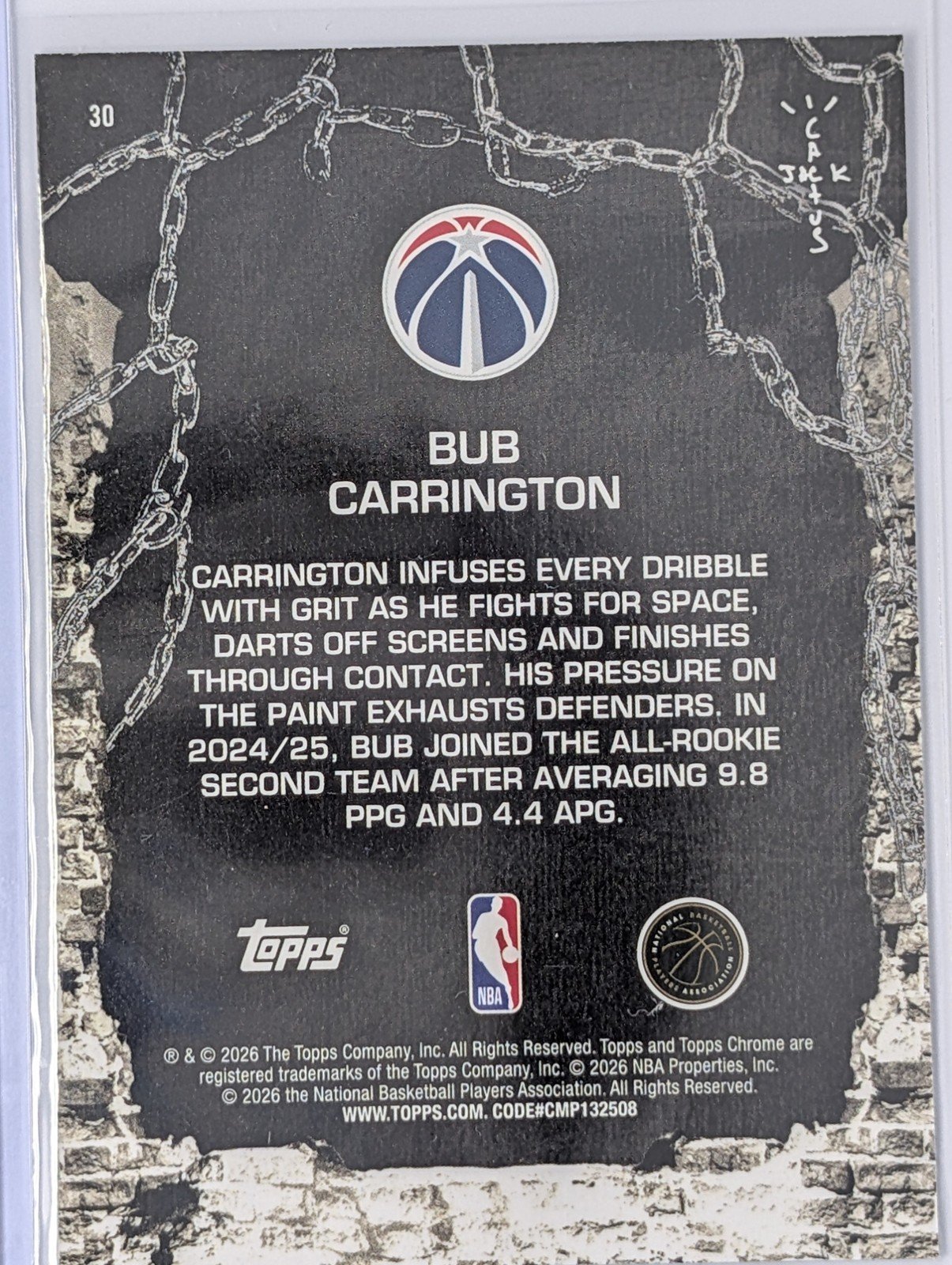 Back of 2025-26 Topps Chrome Cactus Jack #30 Bub Carrington White