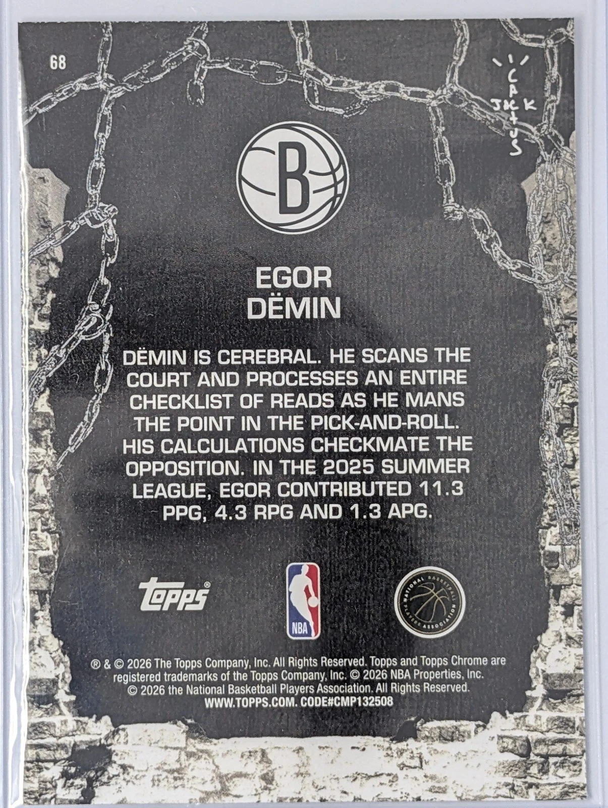 Back of 2025-26 Topps Chrome Cactus Jack #68 Egor Dëmin White