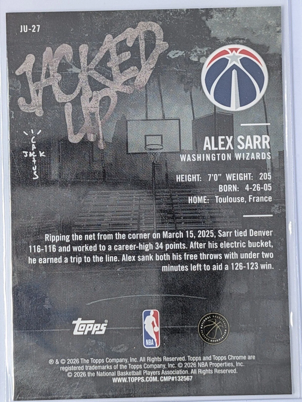 Back of 2025-26 Topps Chrome Cactus Jack #JU-27 Alex Sarr Jacked Up