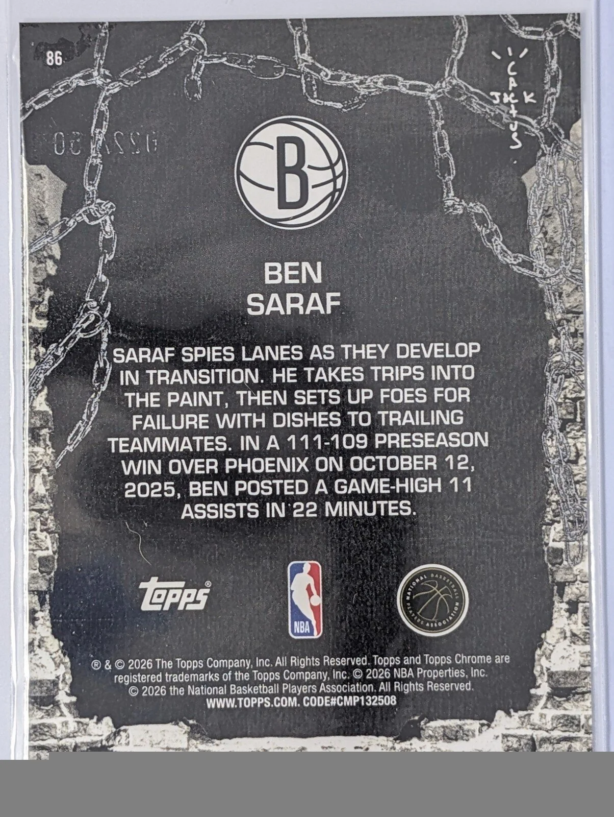 Back of 2025-26 Topps Chrome Cactus Jack #86 Ben Saraf Blue Refractor #/150