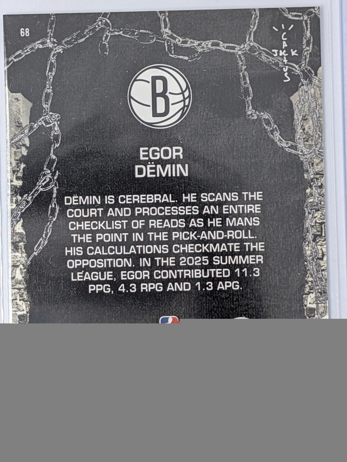 Back of 2025-26 Topps Chrome Cactus Jack #68 Egor Dëmin Lasers Refractor #/175