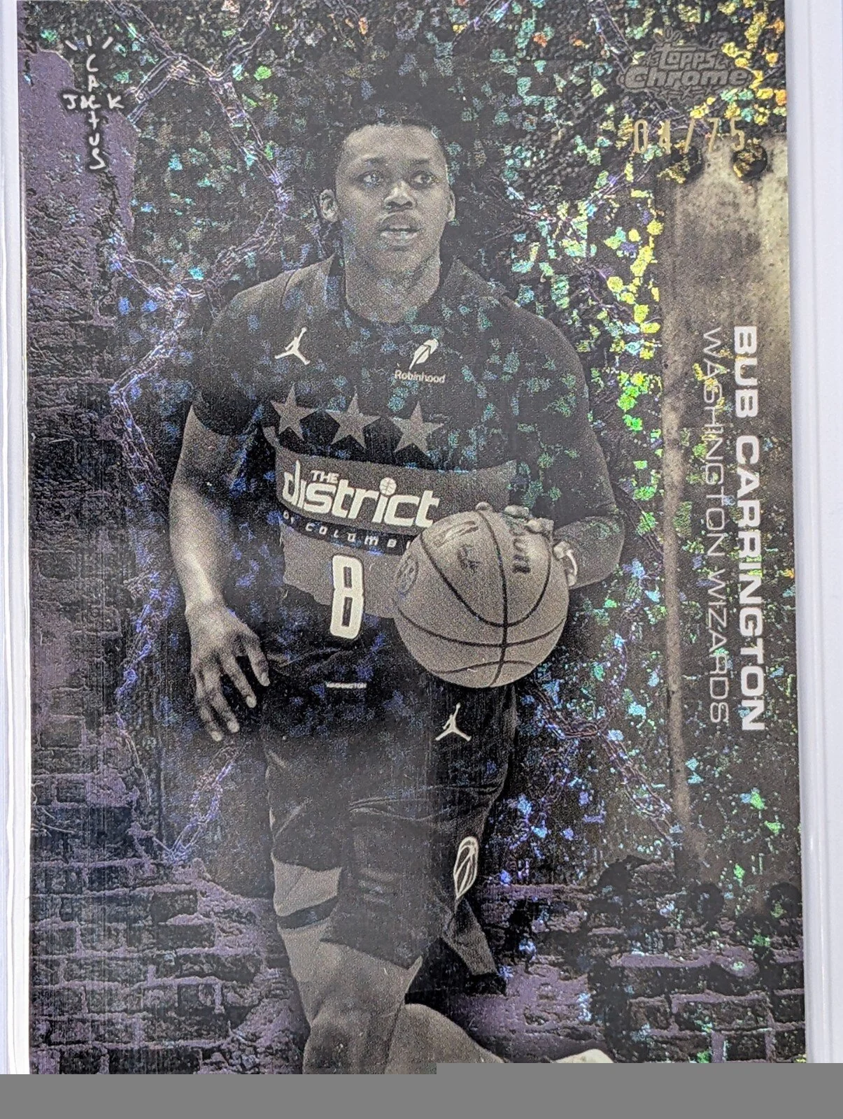 Front of 2025-26 Topps Chrome Cactus Jack #30 Bub Carrington Purple Mini-Diamond #/75