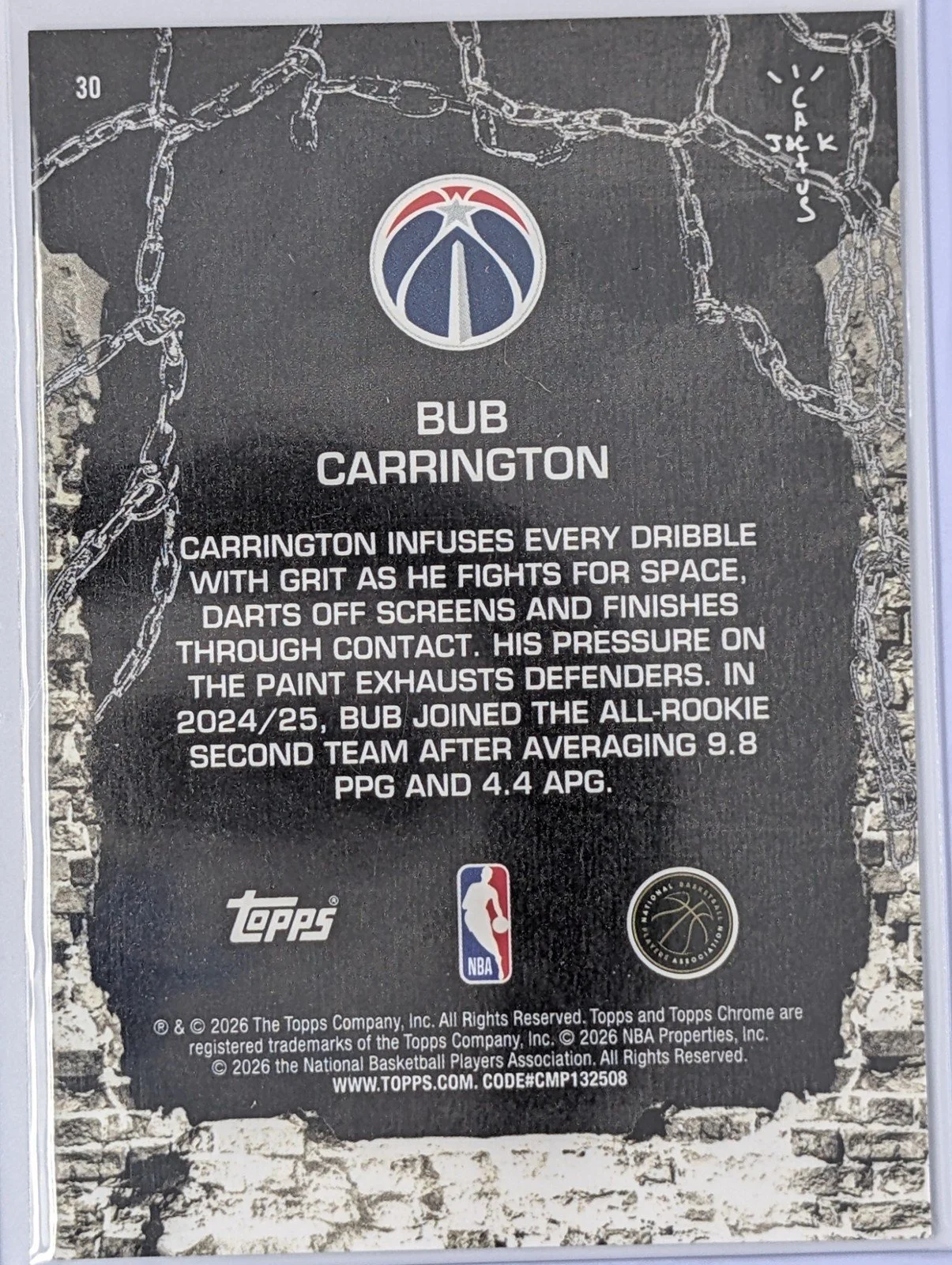 Back of 2025-26 Topps Chrome Cactus Jack #30 Bub Carrington Purple Mini-Diamond #/75