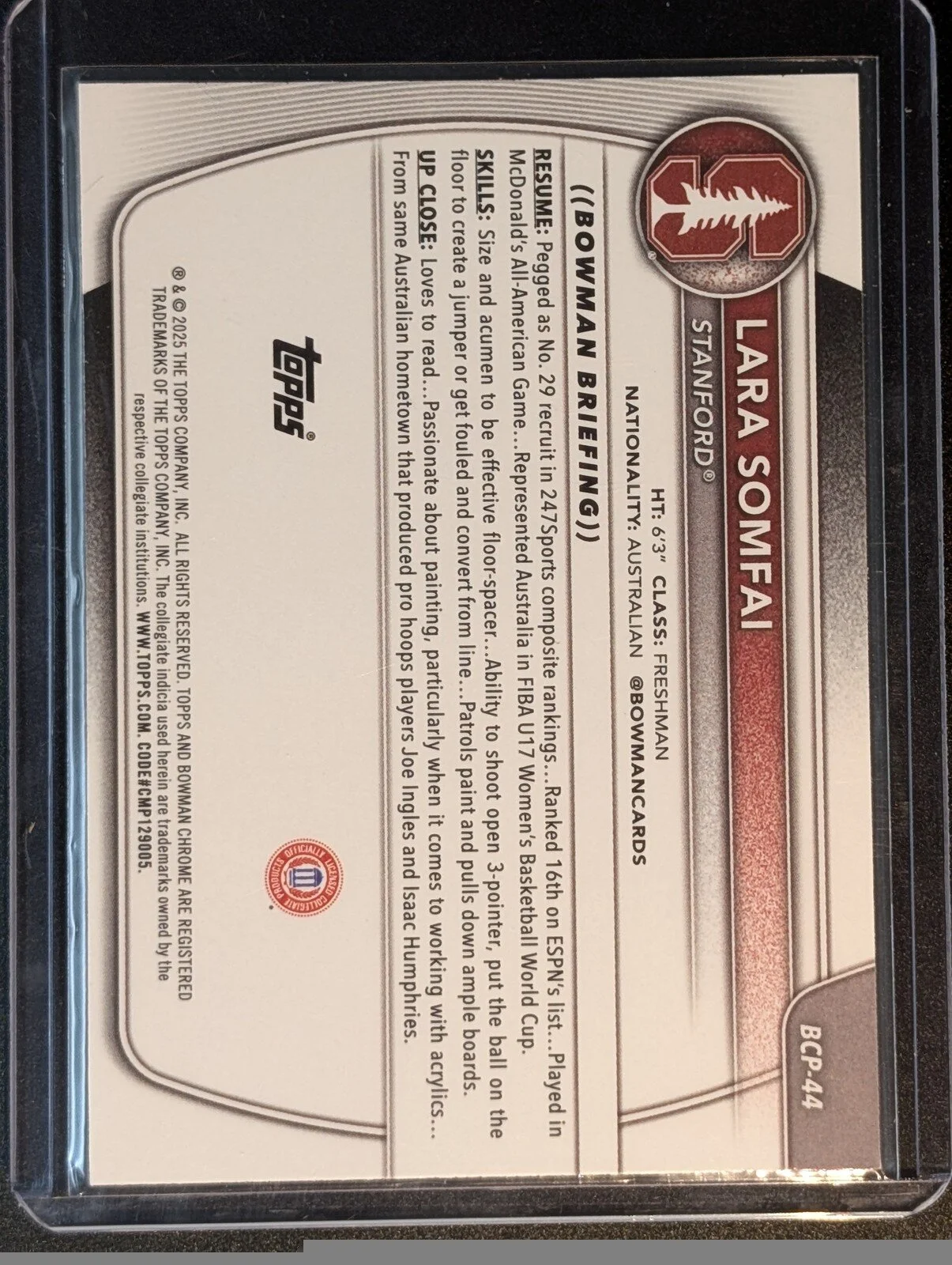 Back of 2025-26 Bowman #BCP-44 Lara Somfai Chrome Prospects