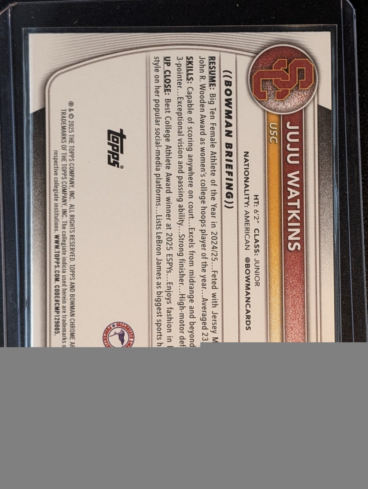 Back of 2025-26 Bowman #BCP-96 Juju Watkins Chrome Prospects