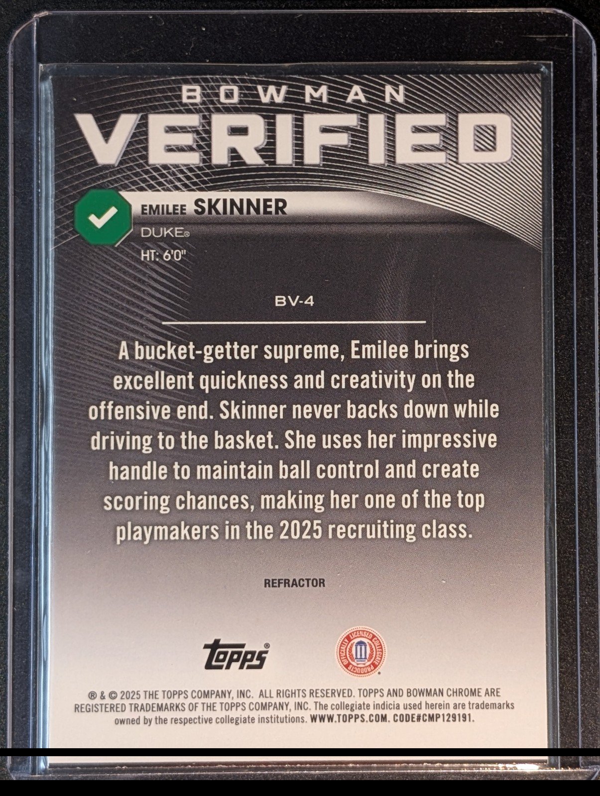 Back of 2025-26 Bowman #BV-4 Emilee Skinner Bowman Verified Refractor