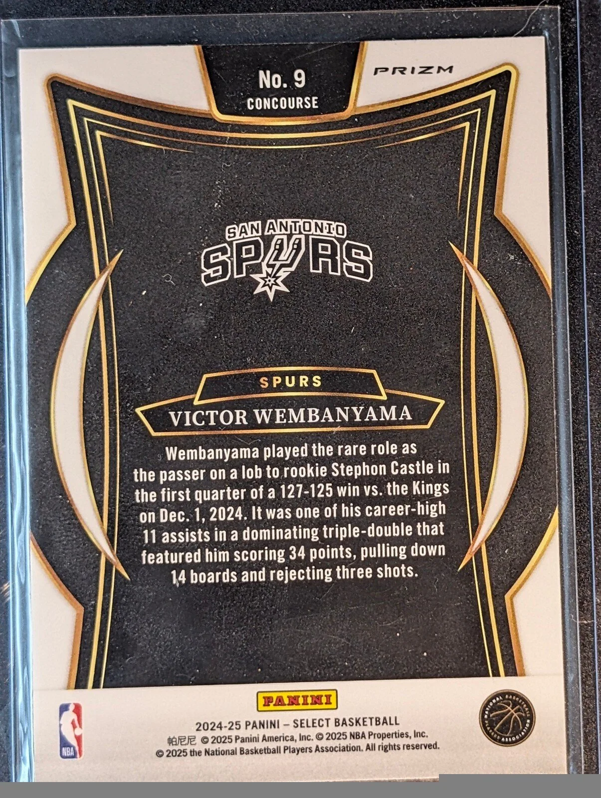 Back of 2024-25 Panini Select #9 Victor Wembanyama Tri-Color Prizm