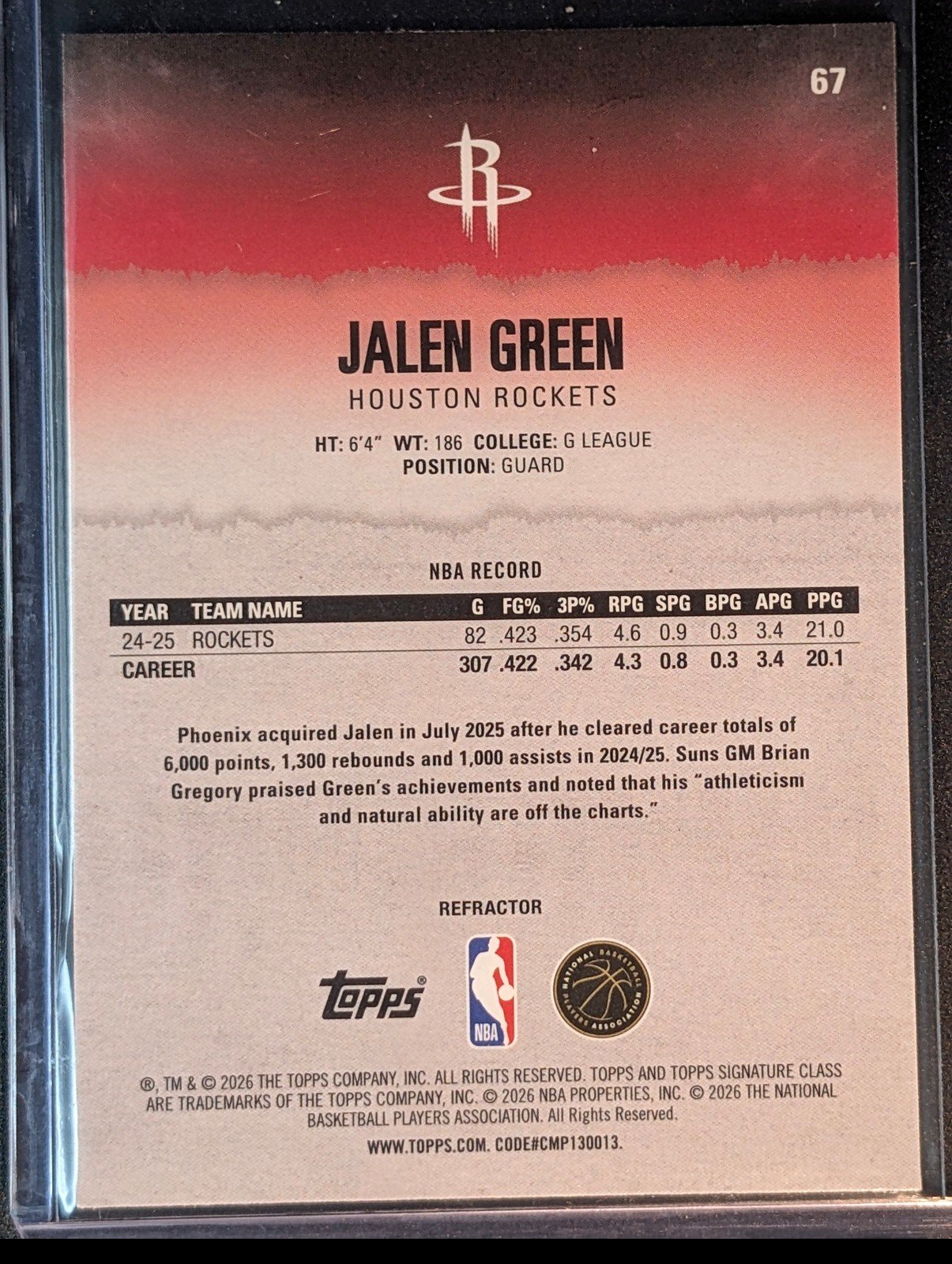 Back of 2025-26 Topps Signature Class #67 Jalen Green Chrome Refractors