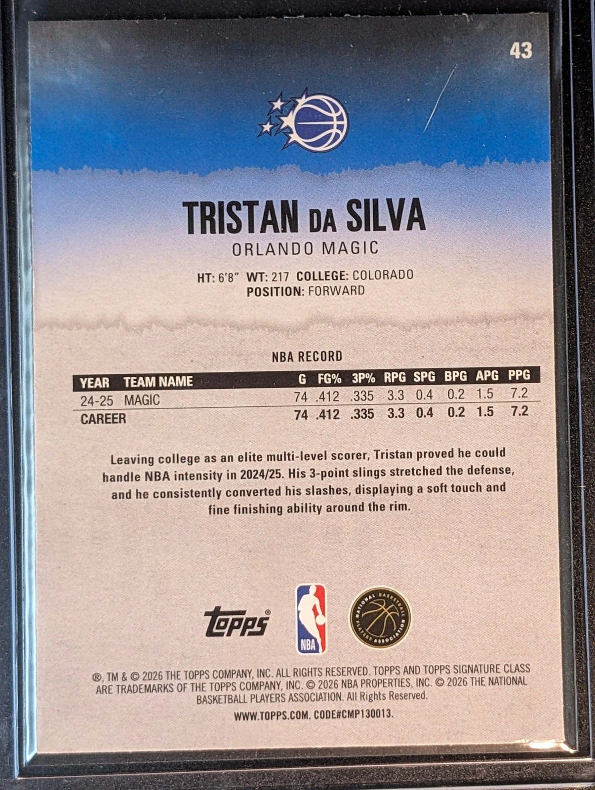 Back of 2025-26 Topps Signature Class #43 Tristan da Silva Chrome