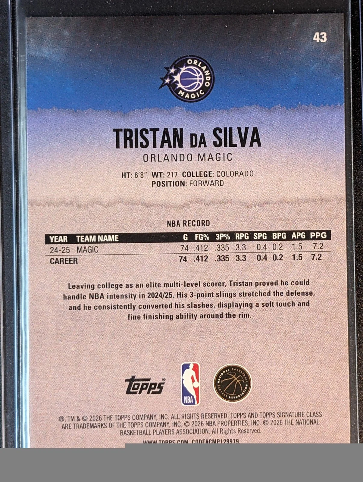 Back of 2025-26 Topps Signature Class #43 Tristan da Silva