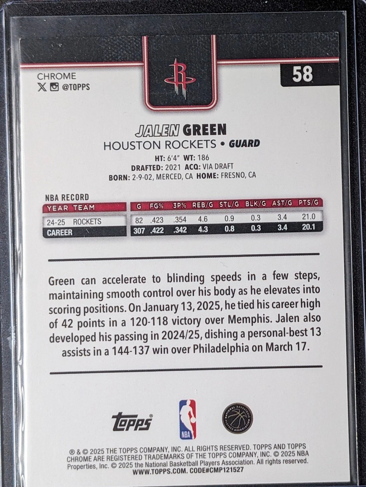 Back of 2025-26 Topps Chrome #58 Jalen Green image variation SP