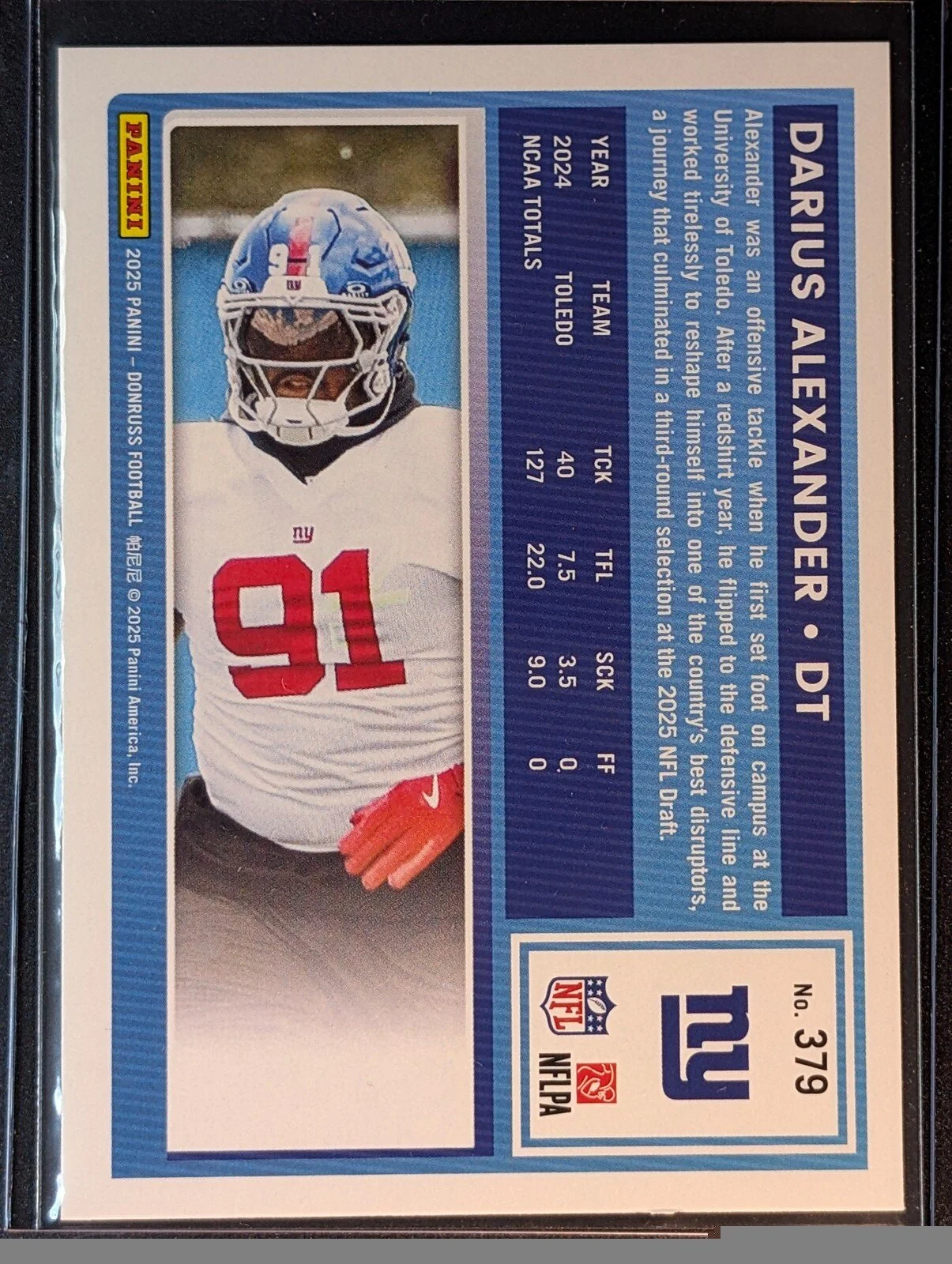 Back of 2025 Donruss #379 Darius Alexander