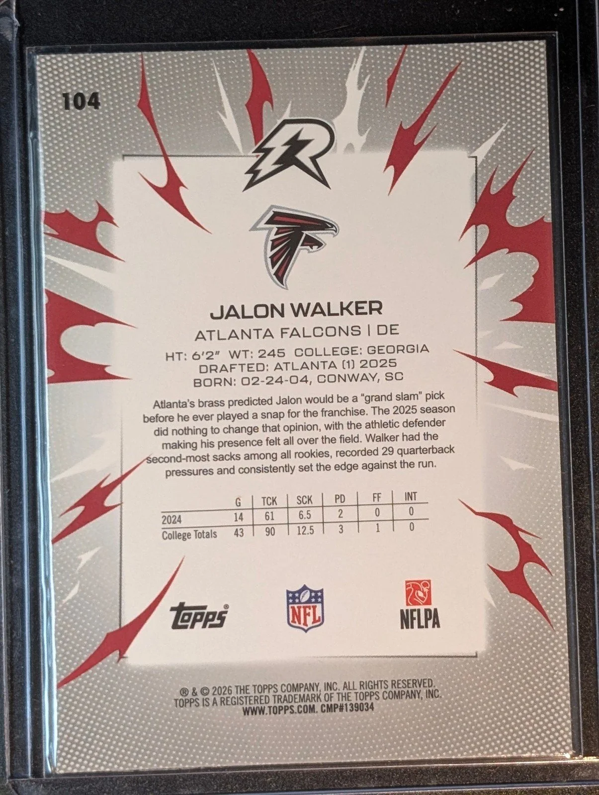 Back of 2025 Topps Resurgence #104 Jalon Walker Blue & Orange Spark Refractor