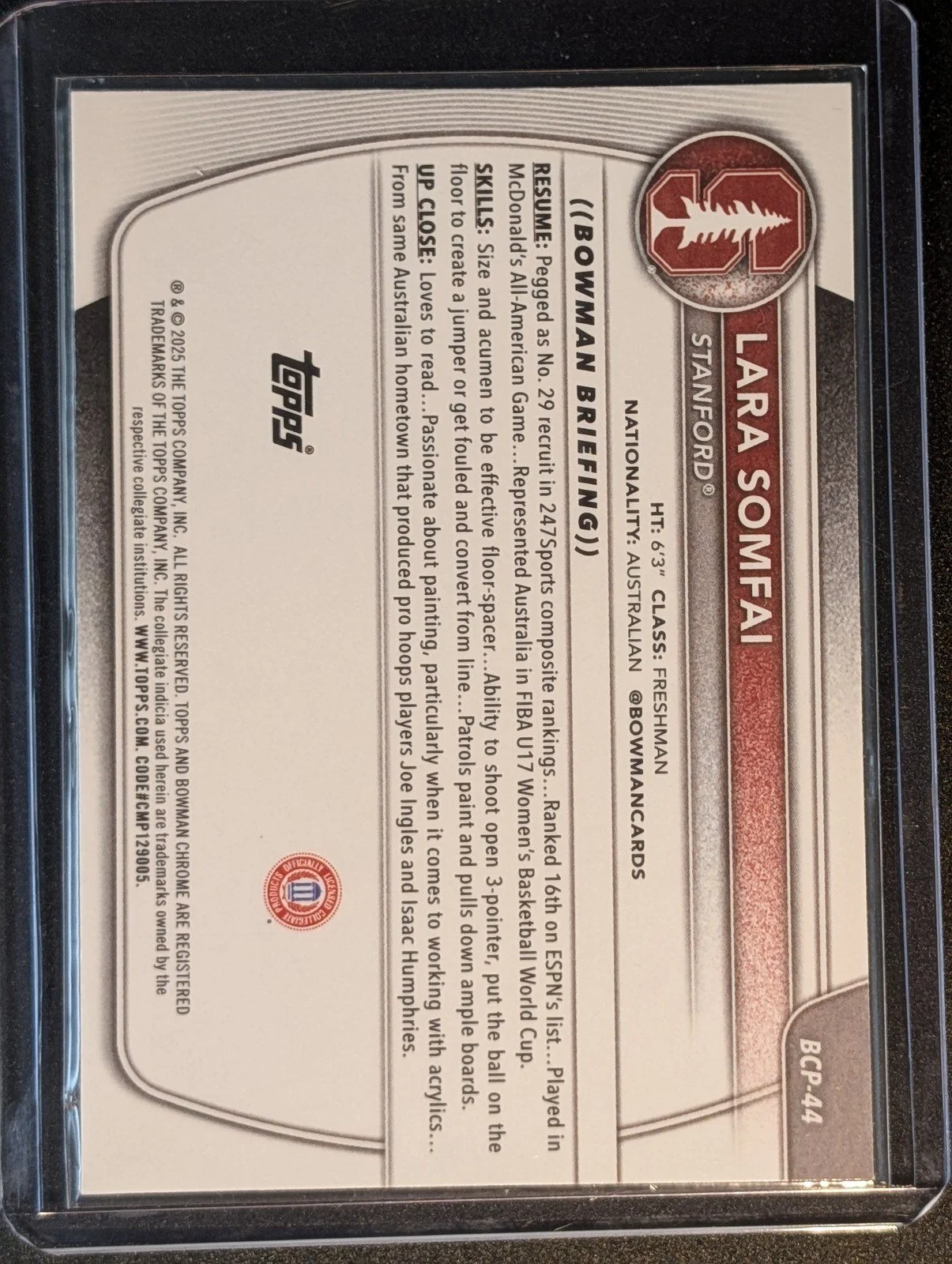 Back of 2025-26 Bowman #BCP-44 Lara Somfai Chrome Prospects