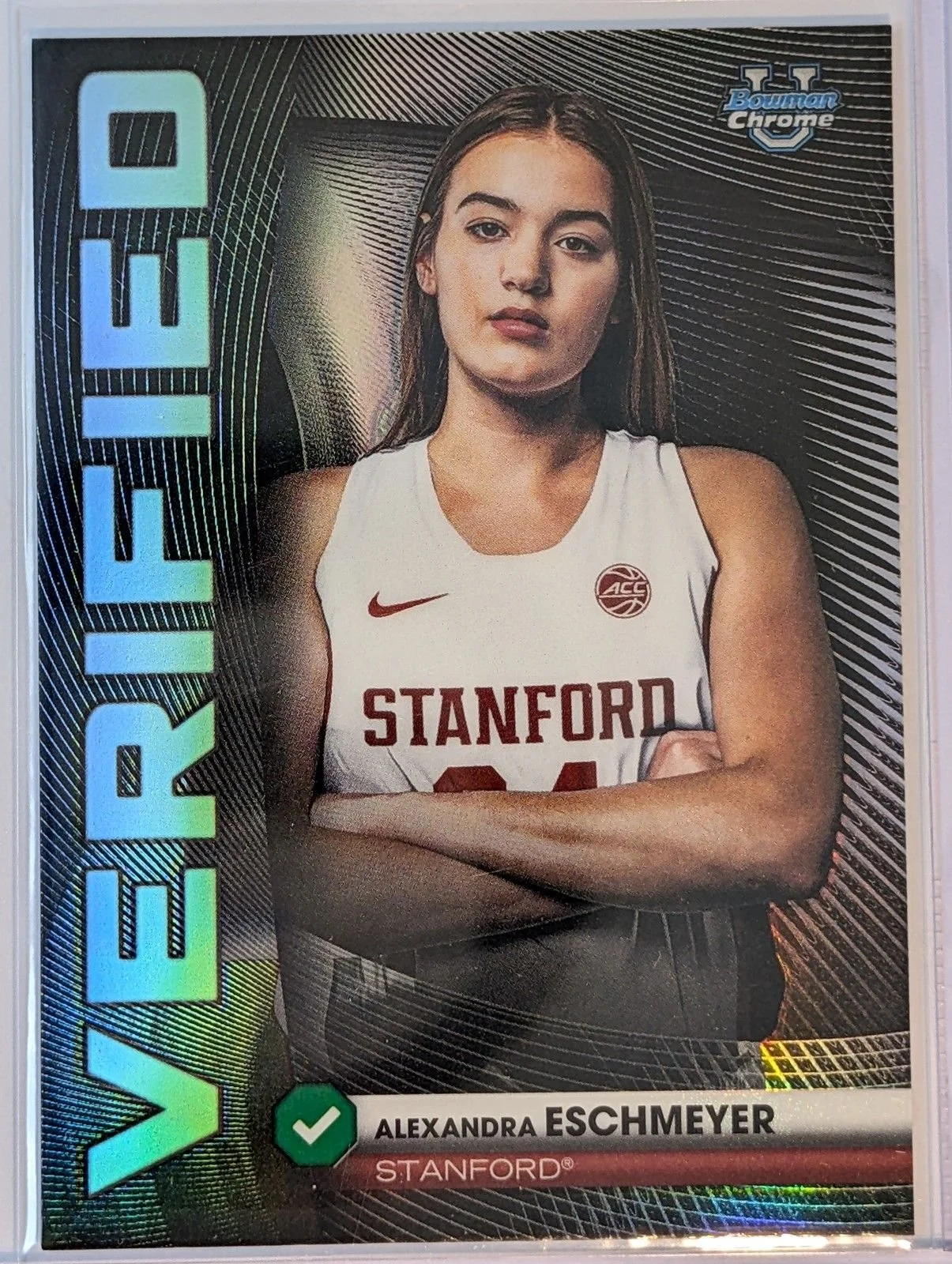 Front of 2025-26 Bowman #BV-23 Alexandra Eschmeyer Bowman Verified Refractor