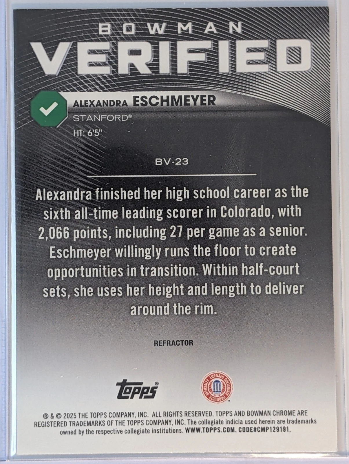 Back of 2025-26 Bowman #BV-23 Alexandra Eschmeyer Bowman Verified Refractor