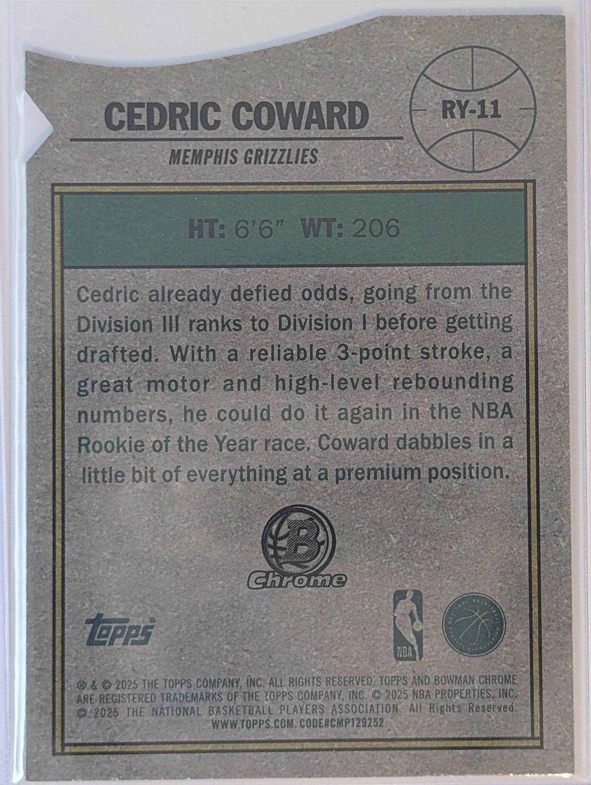 Back of 2025-26 Bowman #RY-11 Cedric Coward Rookie of the Year Favorites Die Cut