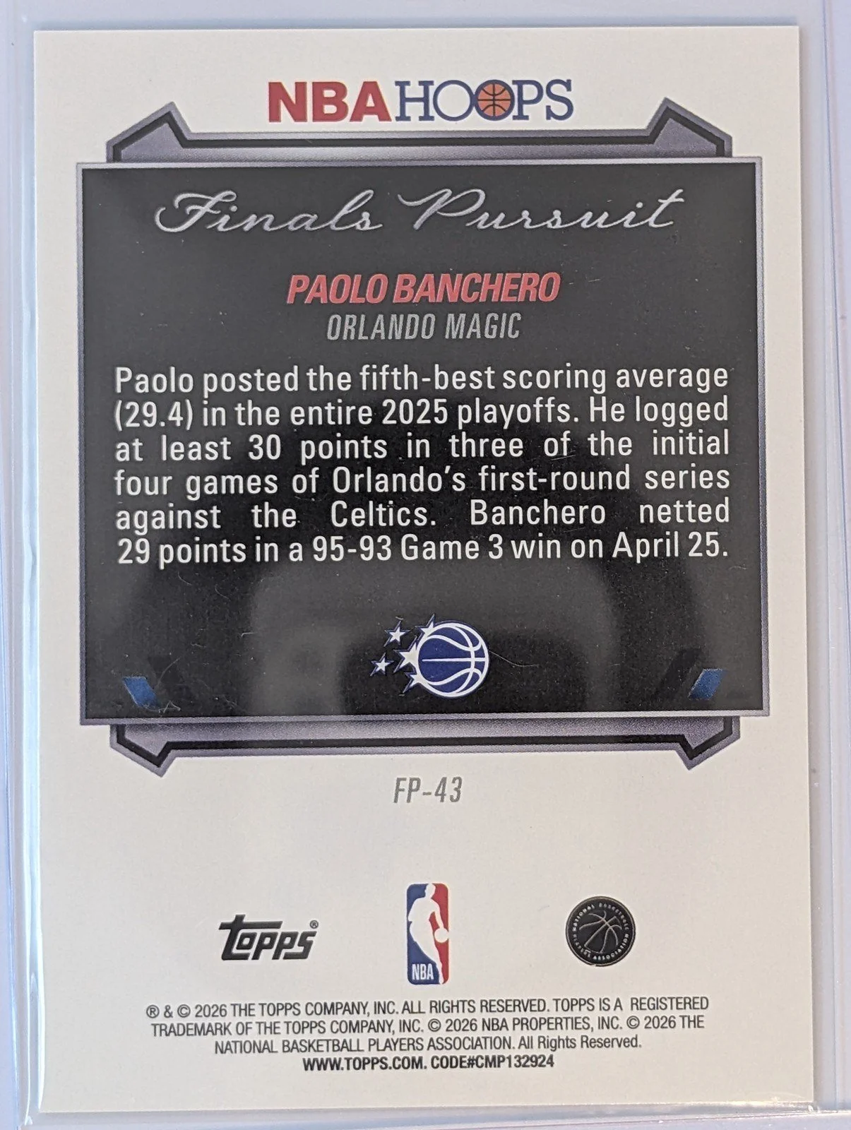 Back of 2025-26 Hoops #FP-43 Paolo Banchero Finals Pursuit First Round