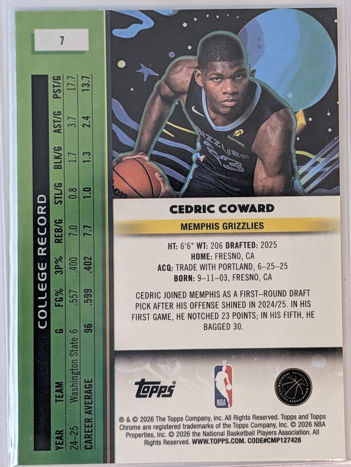 Back of 2025-26 Topps Chrome Cosmic #7 Cedric Coward