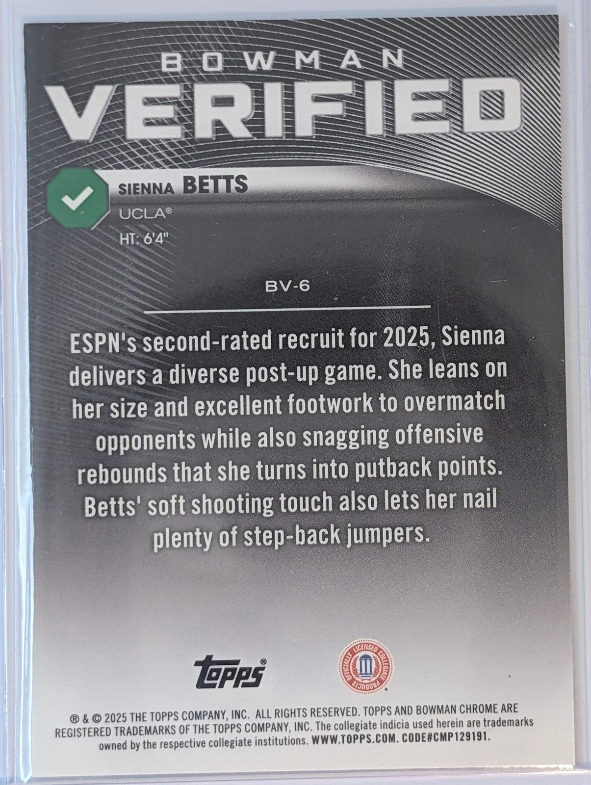 Back of 2025-26 Bowman #BV-6 Sienna Betts Bowman Verified