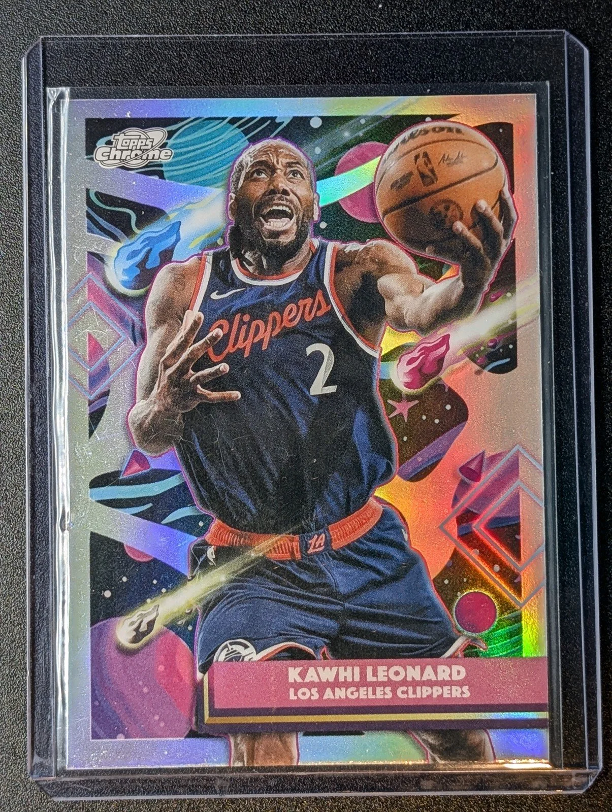 Front of 2025-26 Topps Chrome Cosmic #83 Kawhi Leonard Refractors