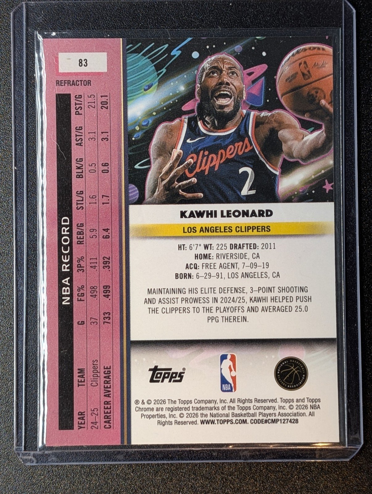 Back of 2025-26 Topps Chrome Cosmic #83 Kawhi Leonard Refractors