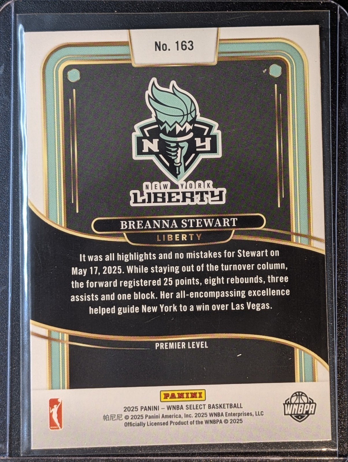 Back of 2025 Panini Select WNBA #163 Breanna Stewart Premier Level