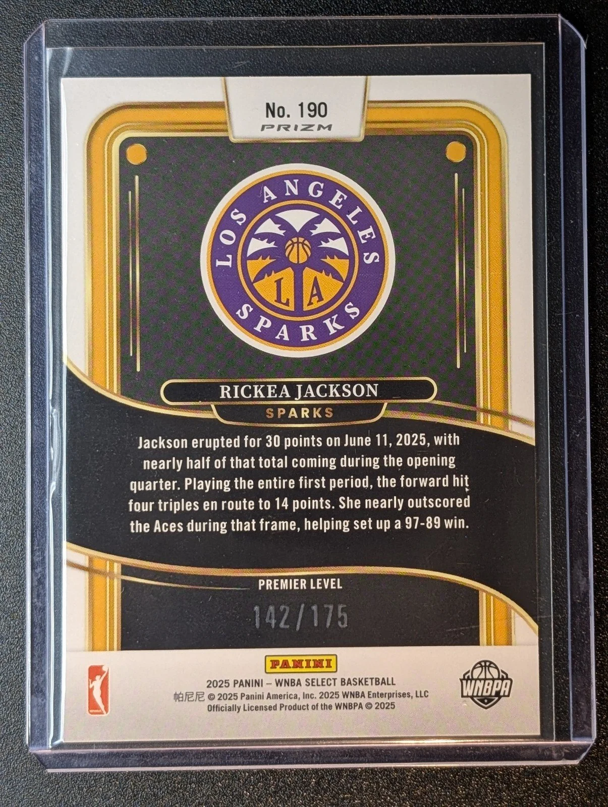 Back of 2025 Panini Select WNBA #190 Rickea Jackson "Pink Camo" Prizms /175