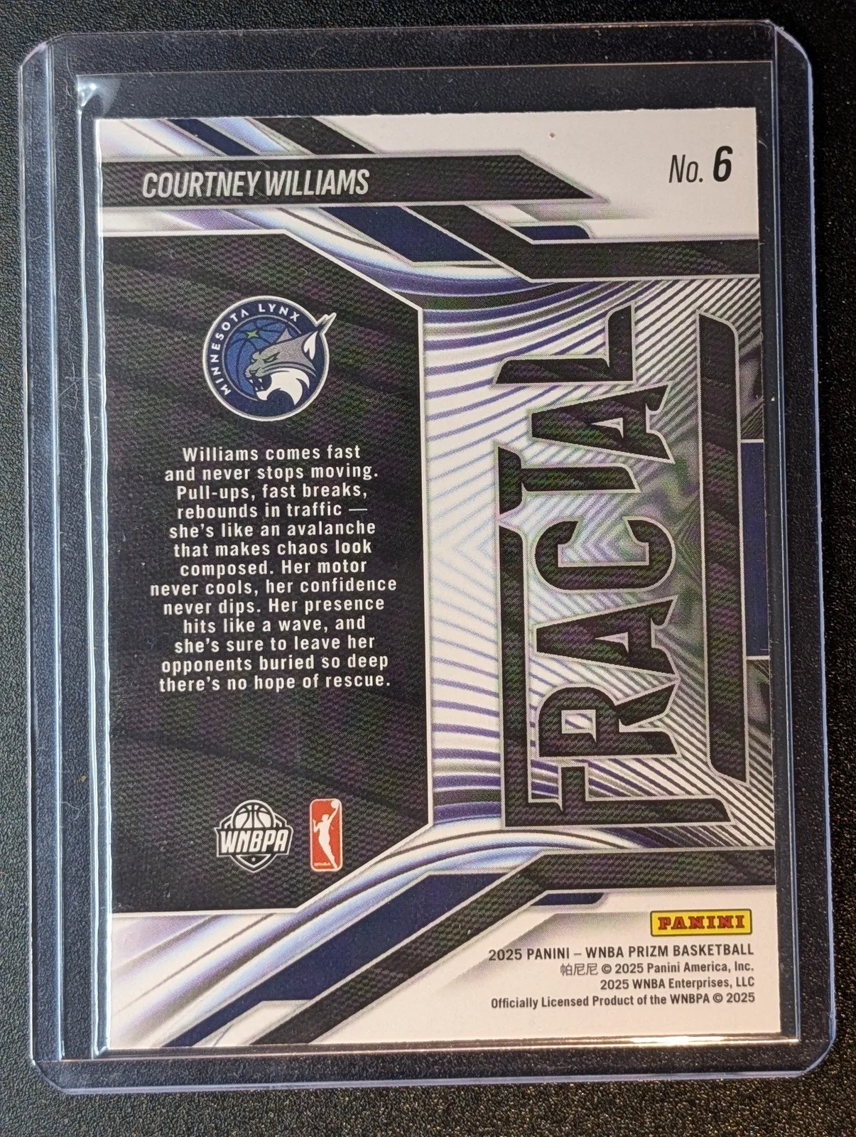 Back of 2025 Panini Prizm WNBA #6 Courtney Williams Fractal