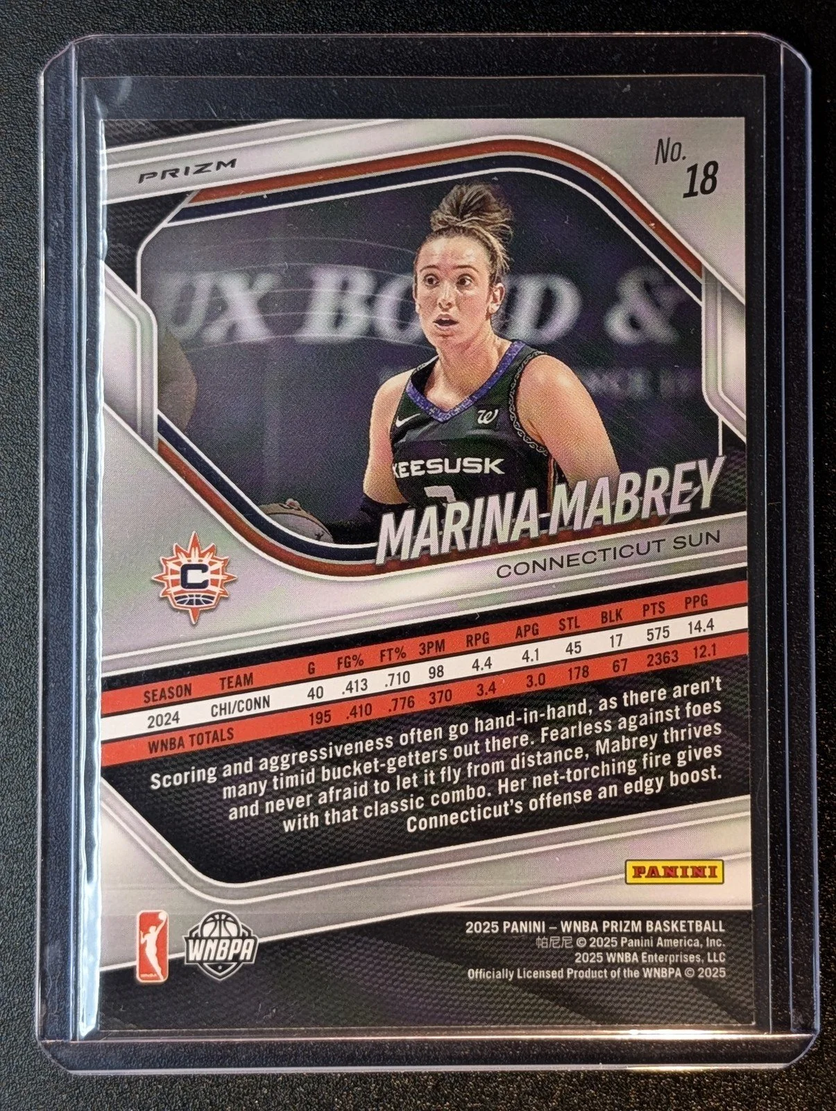 Back of 2025 Panini Prizm WNBA #18 Marina Mabrey Silver Prizms