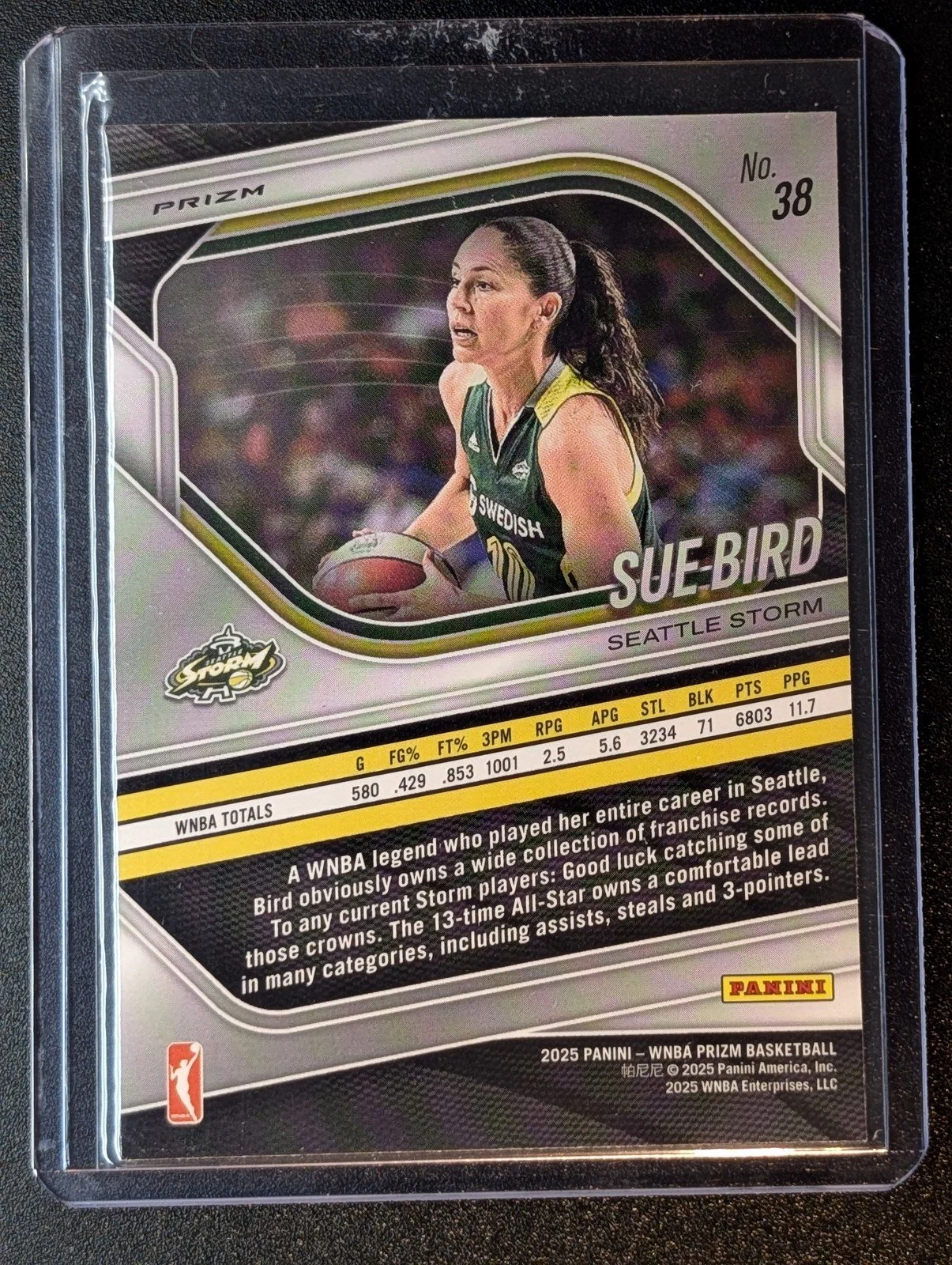 Back of 2025 Panini Prizm WNBA #38 Sue Bird White Seismic Prizms