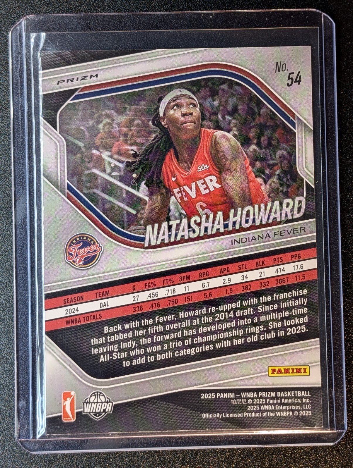 Back of 2025 Panini Prizm WNBA #54 Natasha Howard White Seismic Prizm
